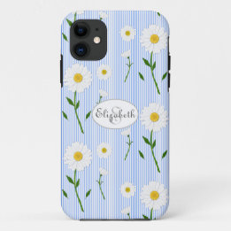 Monogram Name Summer Daisies Muster Blue Stripe Case-Mate iPhone Hülle