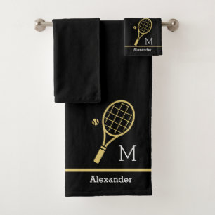 Monogram Name Tennis Racket Ball Gold Black Badhandtuch Set