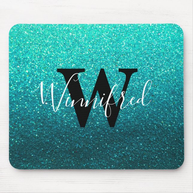 Monogram Name Turquoise Ombre Glitzer Glitzern Mousepad (Vorne)