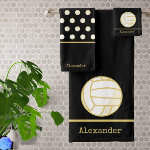 Monogram Name Volleyball Gold Black Badhandtuch Set