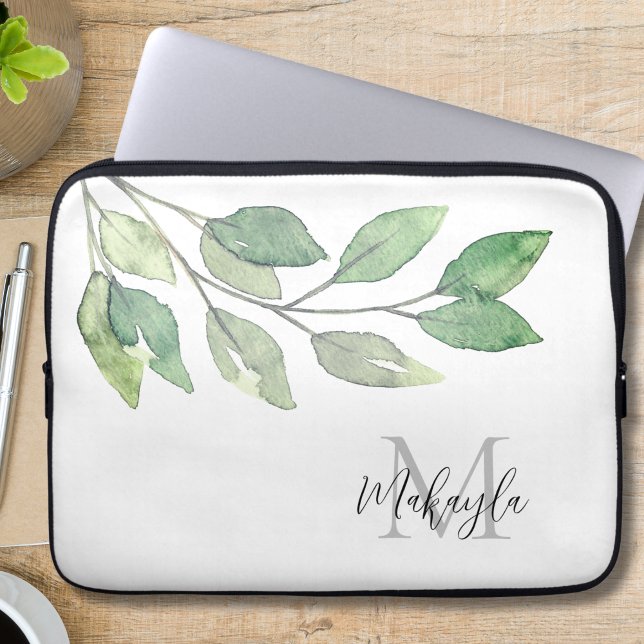 Monogram Name Watercolor Greenery Laptopschutzhülle (Von Creator hochgeladen)
