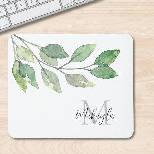 Monogram Name Watercolor Greenery Mousepad