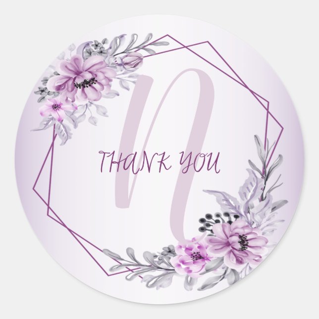 Monogram Name Wedding Pink Floral Violet Lila Runder Aufkleber (Vorderseite)