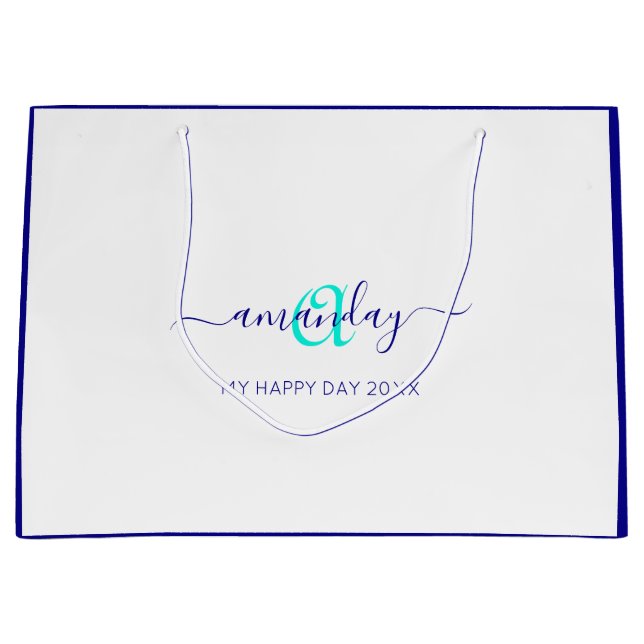 Monogram Name White Blue Bridal Sweet 16. Wedding Große Geschenktüte (Vorderseite)