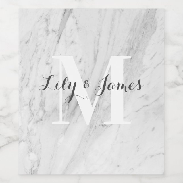 Monogram Name White Gray Marble Wedding Keepake Weinetikett (Einzelnes Label)