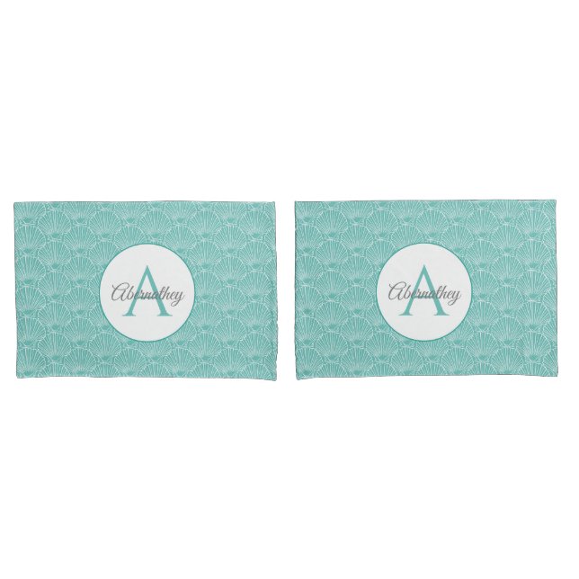 Monogram Name White Sea Muschel Muster Beach House Kissenbezug (Vorderseite-Set)