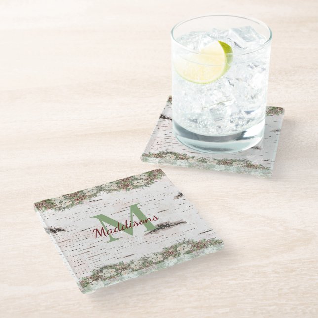 Monogram Name Winter Woodland White Rose Pine Cone Glasuntersetzer (Schrägansicht)