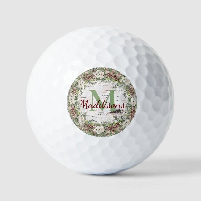 Monogram Name Winter Woodland White Rose Pine Cone Golfball (Vorderseite)