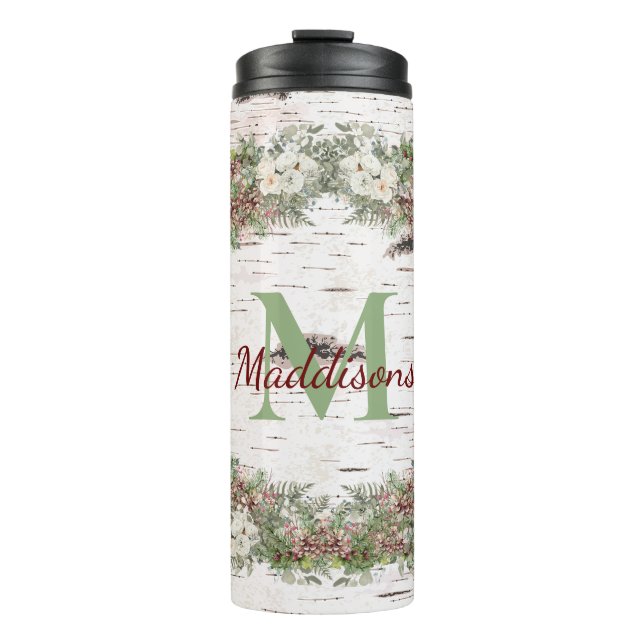 Monogram Name Winter Woodland White Rose Pine Cone Thermosbecher (Vorderseite)