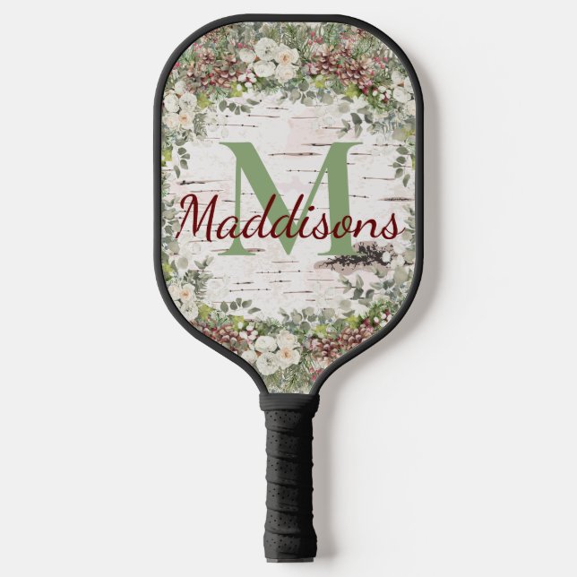 Monogram Name Winter Woodland White Rose Pinecone Pickleball Schläger (Vorderseite)