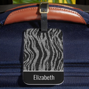 Monogram Name Zebra Print Black Silver Grau White Gepäckanhänger