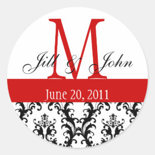 Monogram-Namen Datum Damask Hochzeitrot Weiß Runder Aufkleber