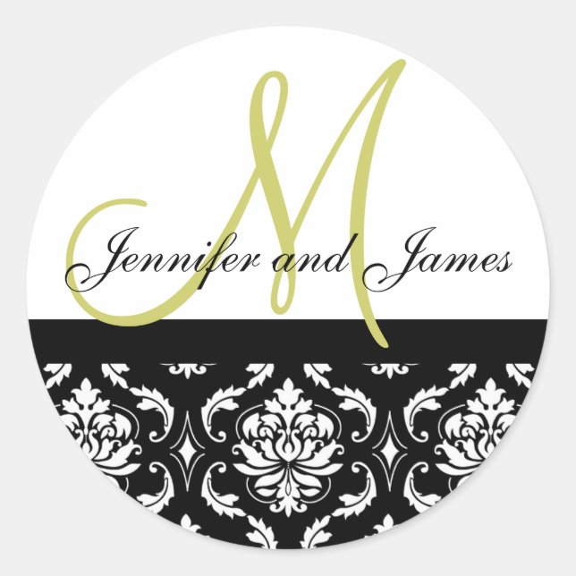 Monogram & Names Damask Green Wedding Sticker (Vorderseite)