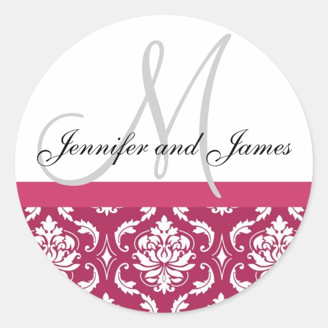 Monogram & Names Damask Hot PInk Wedding Sticker (Vorderseite)