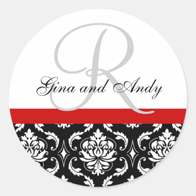 Monogram & Names Damask Red Wedding Sticker (Vorderseite)