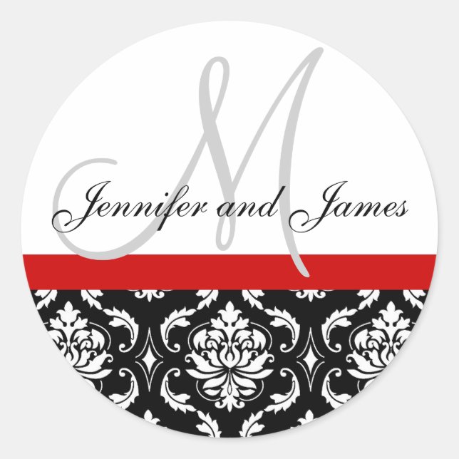 Monogram & Names Damask Red Wedding Sticker (Vorderseite)