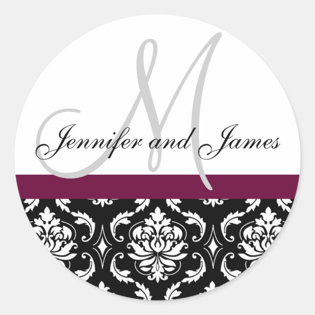 Monogram & Names Damask Wine Wedding Sticker (Vorderseite)