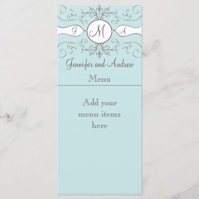 Monogram Names Wedding Menu Cards blau Menükarte (Vorderseite)