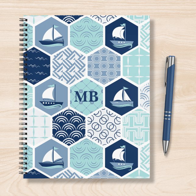 Monogram Nautic Modern Boat Blue Personalisiert Notizbuch (Von Creator hochgeladen)