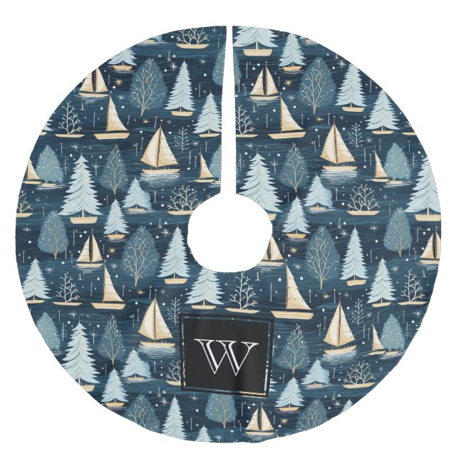 Monogram Nautic Sailboat Polyester Weihnachtsbaumdecke (Vorderseite)