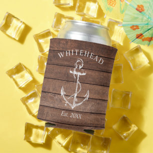 Monogram Nautical Anchor Brown Wood Dosenkühler