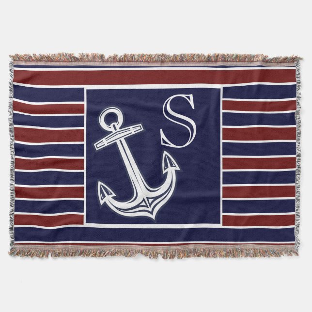 Monogram Nautical Anchor Navy Blue Maroon Streifen Decke (Vorderseite)