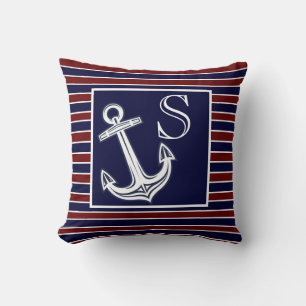 Monogram Nautical Anchor Navy Blue Maroon Streifen Kissen