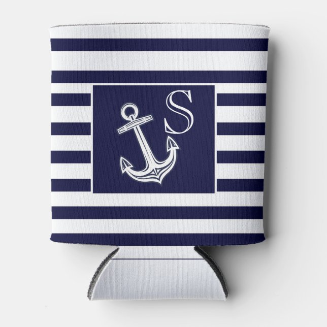 Monogram Nautical Anchor Navy Blue White Streifen Dosenkühler (Vorderseite)