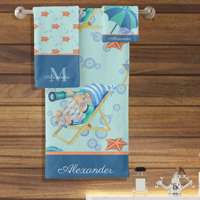 Monogram Nautical Beach Gnome Bleu Blanc garçon (Créateur téléchargé)