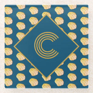 Monogram Nautical Blue Gold Watercolor Clam Musche Glasuntersetzer