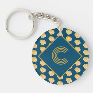 Monogram Nautical Blue Gold Watercolor Clam Musche Schlüsselanhänger