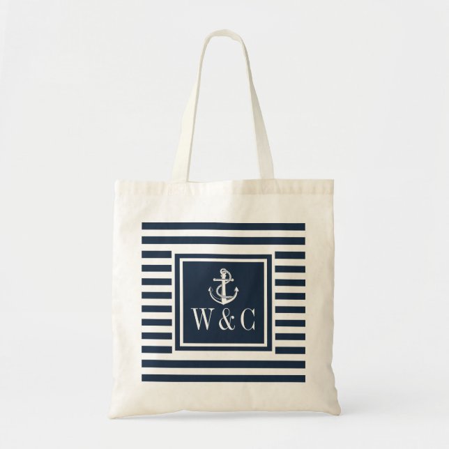 Monogram Nautical Boat Anchor Navy Blue Strip Tragetasche (Vorne)