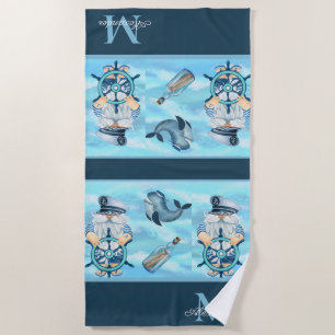Monogram Nautical Captain in Whale Blue White Boy Strandtuch