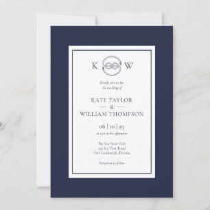 Monogram Nautical Knot Navy Blue Wedding Einladung