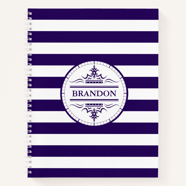 Monogram Nautical Navy Blue Stripes Notebook Notizbuch (Vorderseite)
