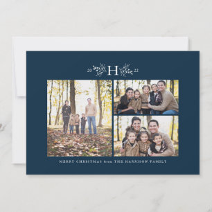 Monogram navy blue 3-Foto Weihnachtskarte Feiertagskarte