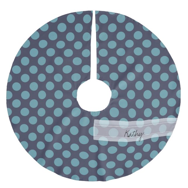 Monogram Navy Blue Baby Blue Polka Dot Pattern Polyester Weihnachtsbaumdecke (Vorderseite)