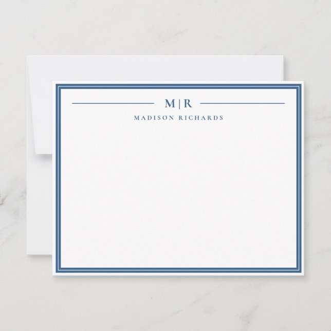 Monogram Navy Blue Border Personalisiert Mitteilungskarte (Vorderseite)