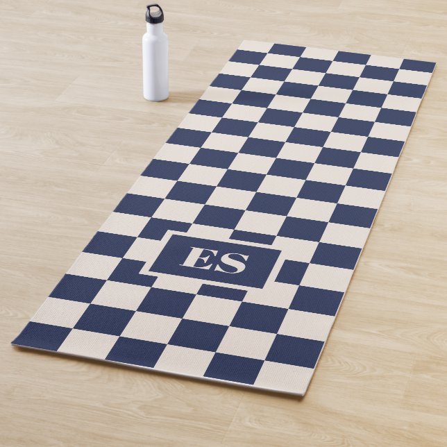 Monogram Navy Blue Cream Checkered Pattern Yogamatte (Beispiel)