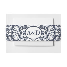 Monogram Navy Blue Floral Damask Einladungsbanderole