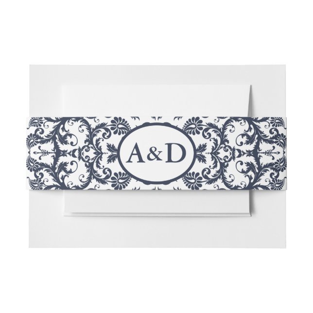Monogram Navy Blue Floral Damask Einladungsbanderole (Vorderseite Beispiel)