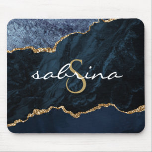 Monogram Navy Blue Gold Agate Geode Mousepad