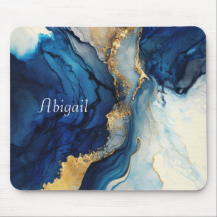 Monogram Navy Blue Gold Agate Marmor Wasserfarbe Mousepad