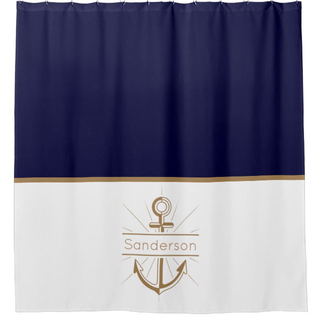 Monogram Navy Blue Gold Anker der Nautic Family Duschvorhang (Vorderseite)