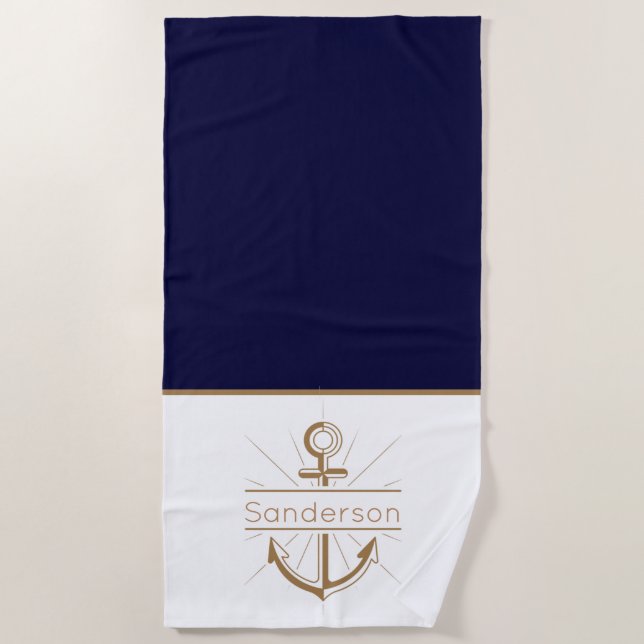Monogram Navy Blue Gold Anker der Nautic Family Strandtuch (Vorderseite)