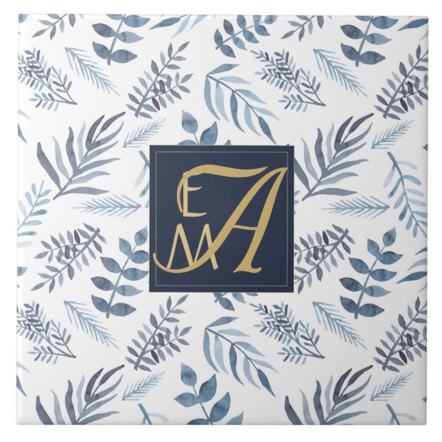 Monogram Navy Blue Gold Botanical Blätter Ferns Fliese (Vorderseite)