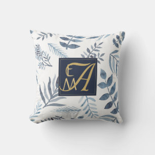 Monogram Navy Blue Gold Botanical Blätter Ferns Kissen