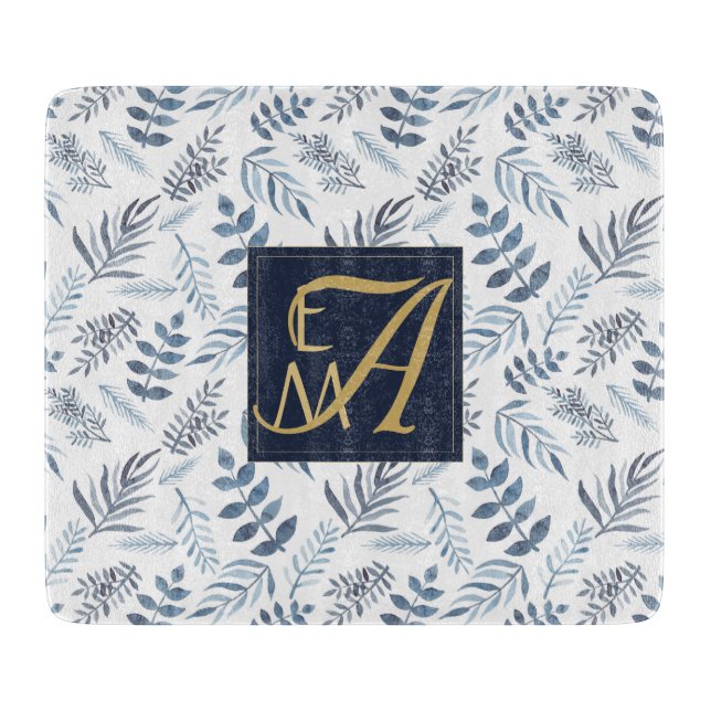 Monogram Navy Blue Gold Botanical Blätter Ferns Schneidebrett (Vorderseite)