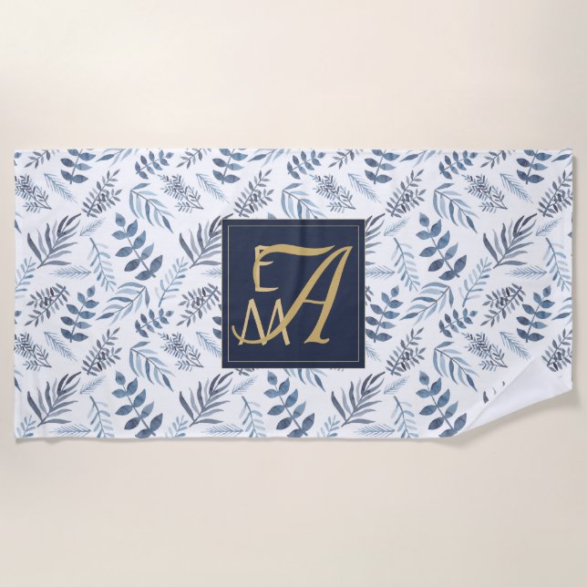 Monogram Navy Blue Gold Botanical Blätter Ferns Strandtuch (Vorderseite)