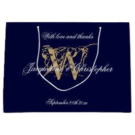 Monogram Navy Blue & Gold Elegante Hochzeit Große Geschenktüte